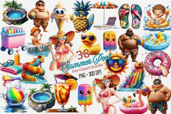 creative kids clipart bundles featuring summer pool day elements like kids, pool toys, ice cream, and sunglasses