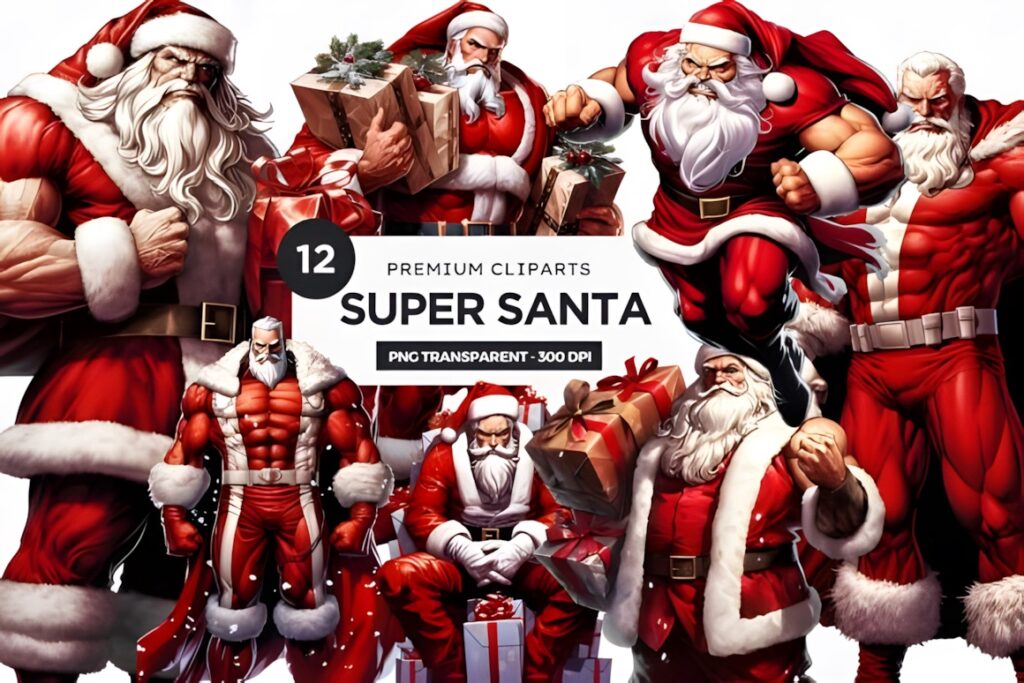 Santa Claus clipart set with 12 energetic and muscular Santa illustrations in various poses holding gifts