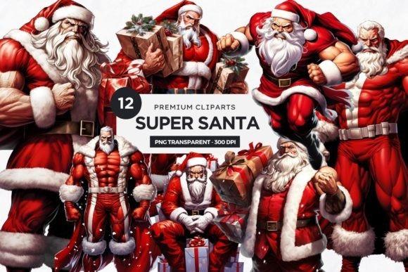 Christmas clipart for holiday cards featuring energetic Super Santa Claus characters in various poses with gifts