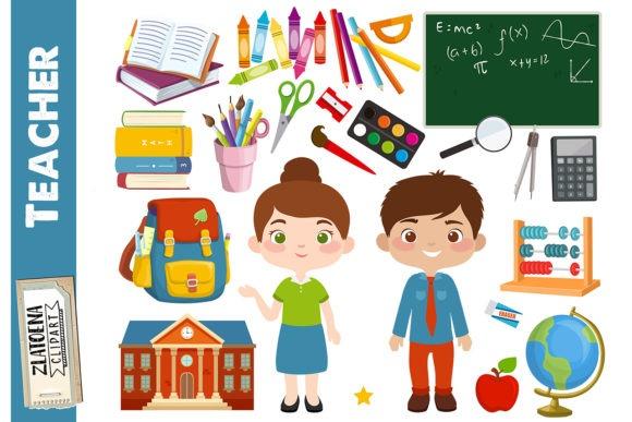 Teacher Clipart Collection Teacher clipart set with male and female teachers, school supplies, books, globe, and classroom tools