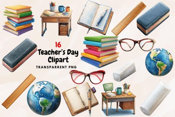 Teacher Clipart Set for Appreciation Teacher clipart set with books, desk, globe, glasses, ruler, eraser, and open notebook in PNG format for Teacher's Day