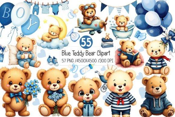 kids clipart featuring teddy bears with toys, balloons, and baby items in light-blue palette