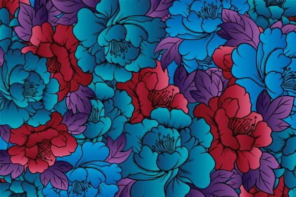 flower clipart featuring red and blue soft floral designs with purple leaves in a dense pattern