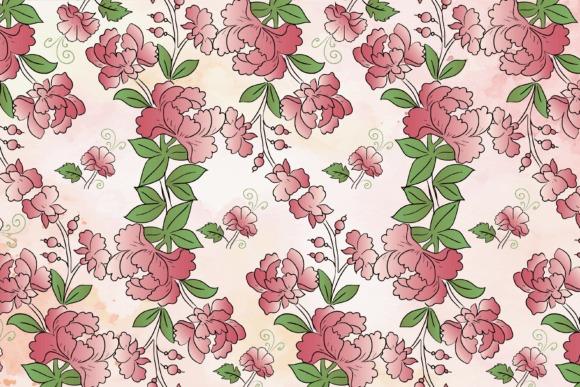 Seamless pattern of pink flower clipart with green leaves on light background