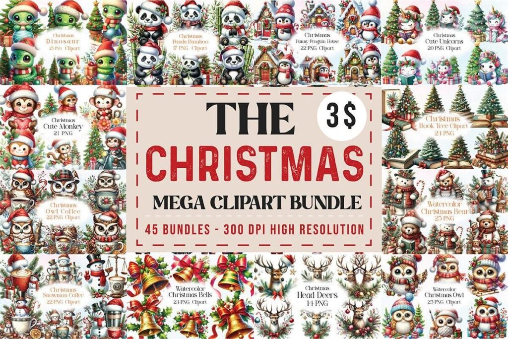 Christmas clipart sets featuring 45 bundles of high-resolution PNG images including animals, trees, and holiday decorations