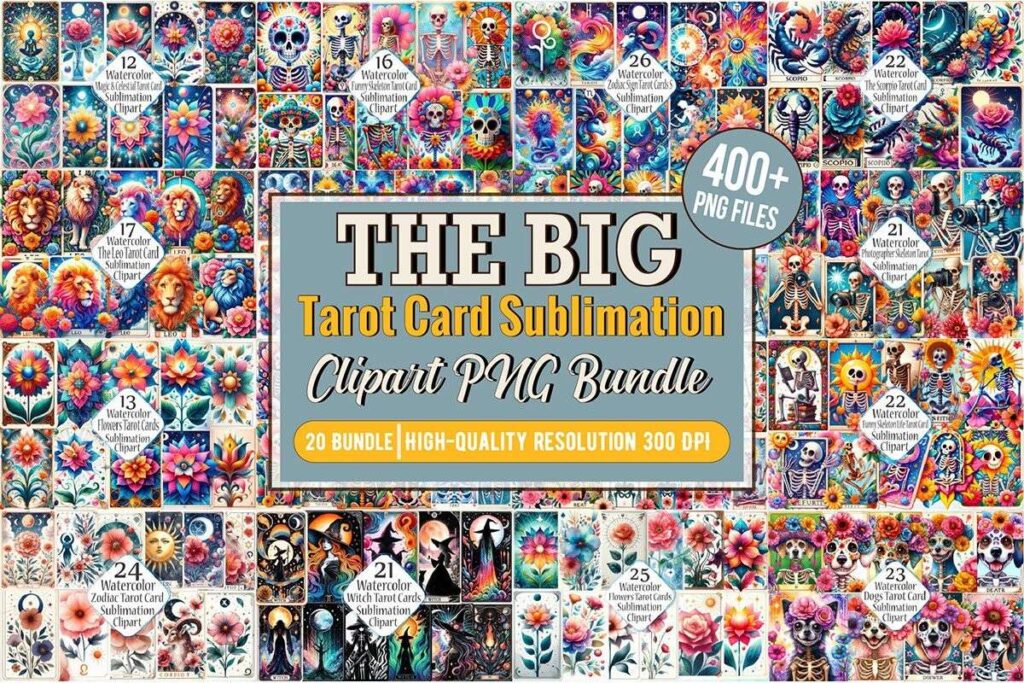 flower clipart included in a large tarot card sublimation bundle with floral, celestial, zodiac, and skeleton designs