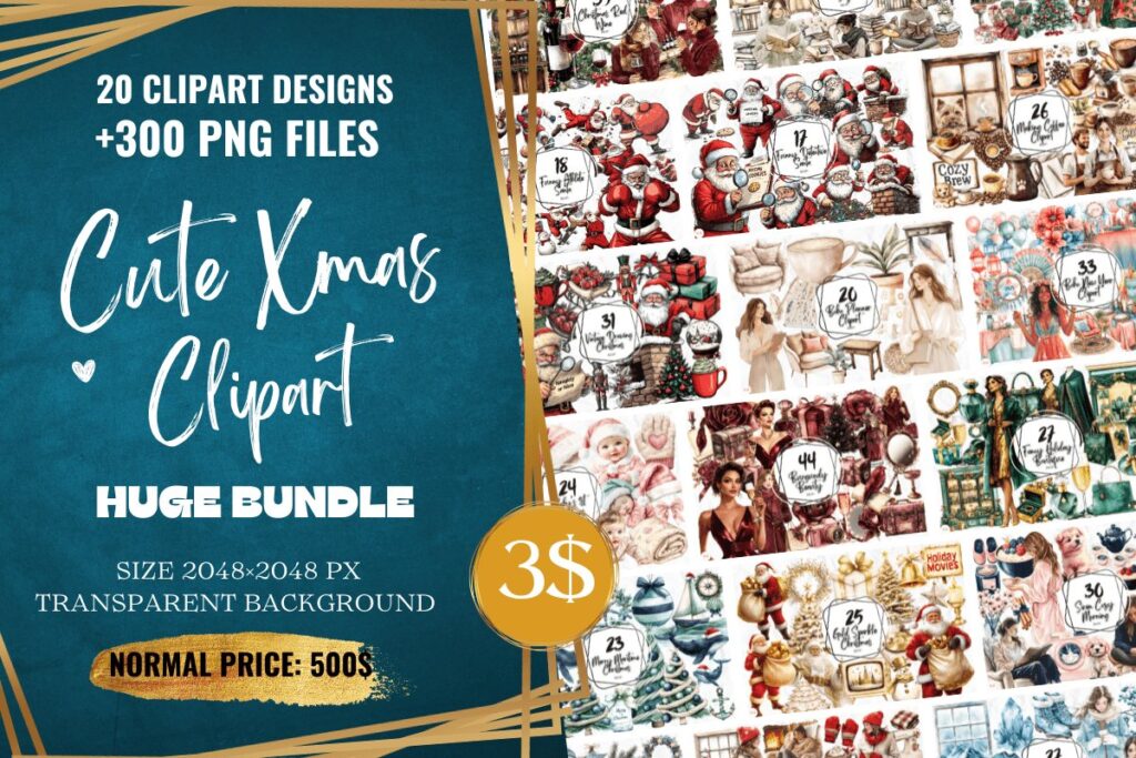 Christmas clipart bundle with 20 designs and over 300 transparent PNG files featuring cute and trendy holiday themes