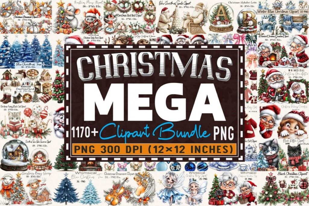 Christmas clipart bundle with over 1,170 high-resolution PNG images including Santa, trees, ornaments, and holiday characters
