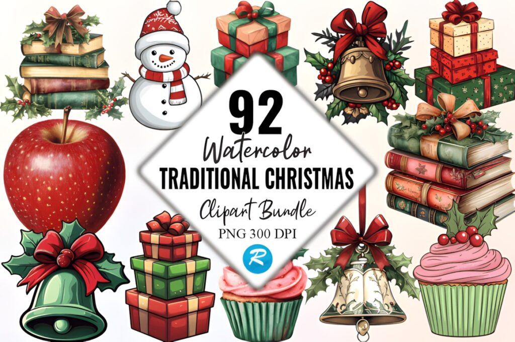 Christmas clip art featuring traditional holiday icons like bells, gifts, snowman, apple, and cupcakes in watercolor style