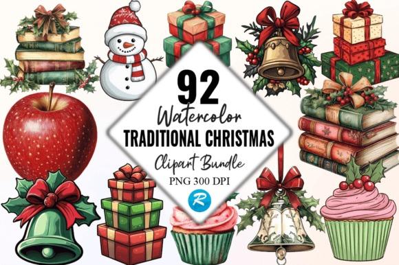 Christmas clipart for holiday cards featuring watercolor traditional Christmas elements like gifts, bells, snowman, books