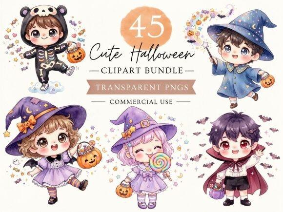 creative kids clipart bundles featuring children in Halloween costumes with pumpkins and candy