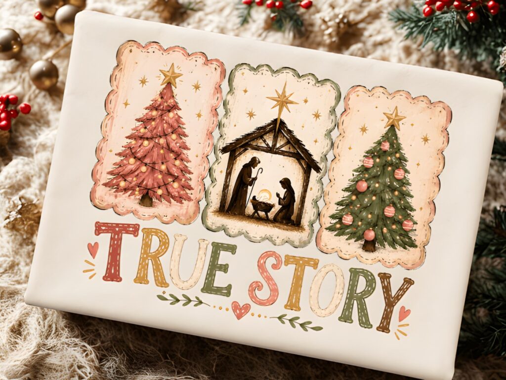 Xmas PNG Designs featuring nativity manger scene and decorated Christmas trees with vintage colors