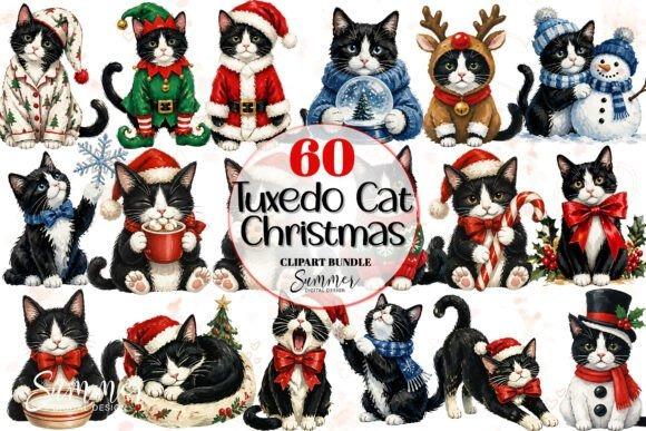 Christmas Clipart featuring tuxedo cats in Santa, elf, reindeer, and winter outfits with holiday accessories