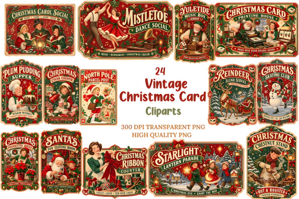 Christmas clip art featuring vintage holiday scenes with Santa, carolers, reindeer, snowmen, and Victorian-style
