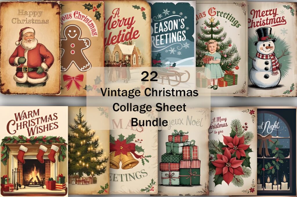 Christmas clip art featuring 22 vintage holiday card PNG graphics with Santa, gingerbread, Christmas tree, snowman, and