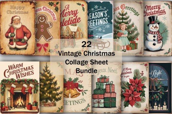 Christmas clipart for holiday cards featuring vintage Christmas collage sheet with Santa, gingerbread, tree, snowman, and