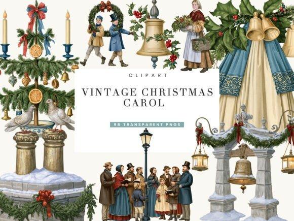 Vintage Christmas clipart featuring carolers, bells, candles, holly, wreaths, and traditional holiday decorations in