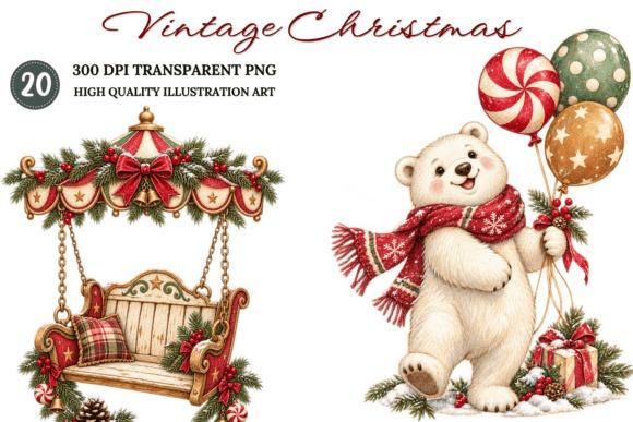 Vintage Christmas clipart with festive polar bear holding balloons and decorated swing with garlands and gifts