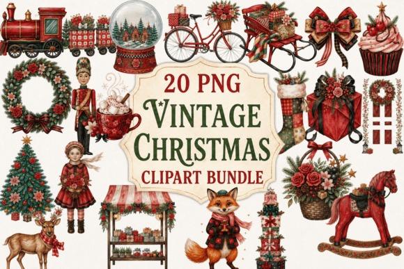 Vintage Christmas clipart collection with nutcracker, toy train, rocking horse, fox, deer, girl, snow globe, sled, bicycle