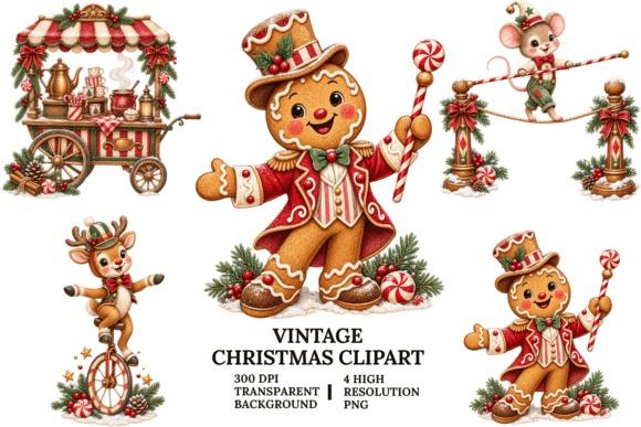 Vintage Christmas Clipart set featuring gingerbread characters, a festive cart, and a mouse on a tightrope with transparent