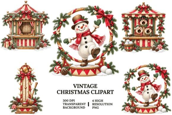 Vintage Christmas Clipart set with snowman, holiday wreaths, and festive market stalls in high-resolution PNG