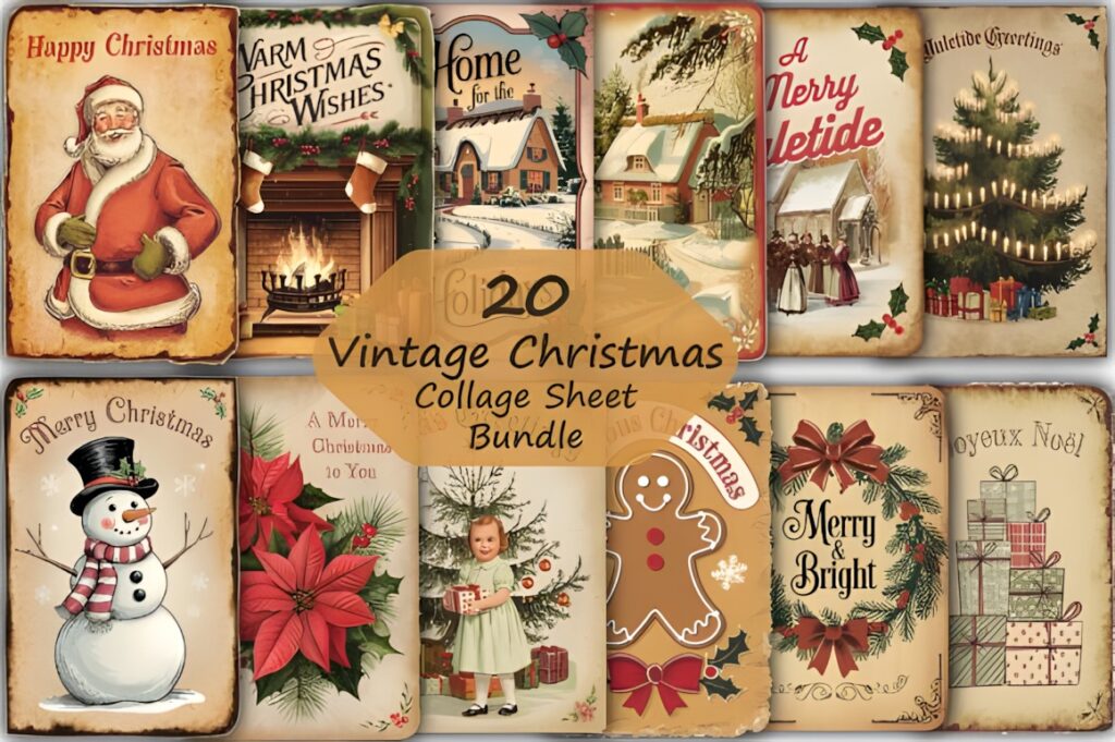 Christmas clip art vintage collage sheet with 20 nostalgic holiday designs including Santa, snowman, poinsettia