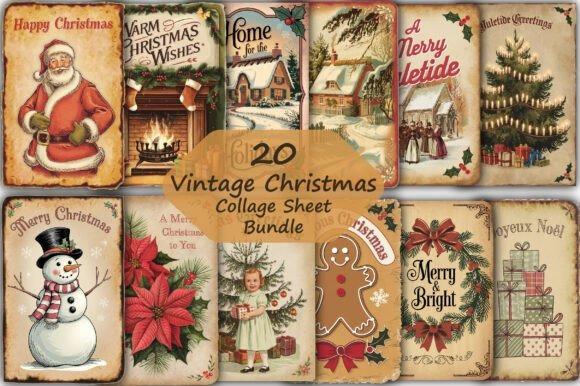 Vintage Christmas collage sheet bundle with Santa, snowman, poinsettia, gingerbread — Christmas clipart for holiday cards