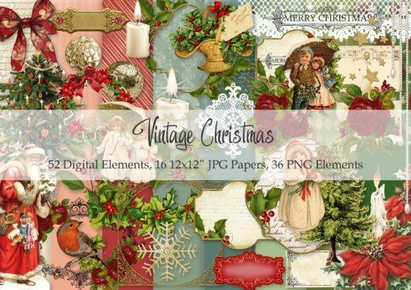Vintage Christmas Clipart set with 36 PNG graphics and 16 JPG papers featuring frames, florals, holly, candles, and vintage