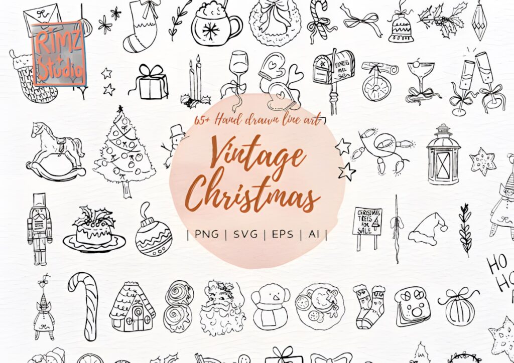 Vintage Christmas Elements PNG hand-drawn line art including Santa, nutcrackers, bells, candles, lanterns, sleds, ornaments
