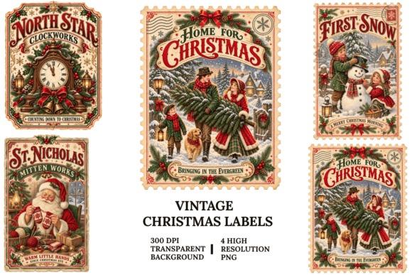Vintage Christmas clipart labels with festive scenes and holiday text in a classic style