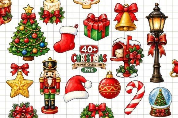 Christmas clip art featuring vintage style ornaments, nutcracker, stockings, wreaths, candy cane, and lantern with bold
