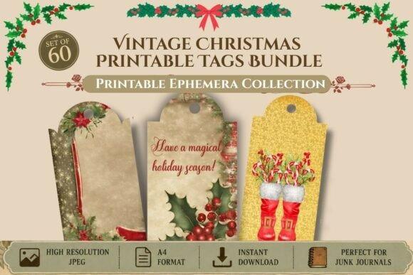 Vintage Christmas printable tags bundle with holly, candles, and festive boots in red and green — cute Christmas clipart