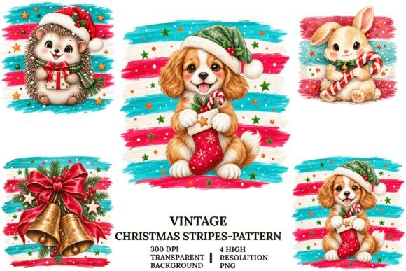 Christmas clipart featuring vintage style animals with striped backgrounds in red and blue for festive designs