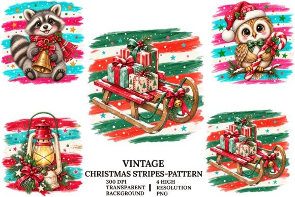 Vintage Christmas stripes clipart with raccoon, owl, sled with gifts, and lantern in red, green, and — Christmas clipart