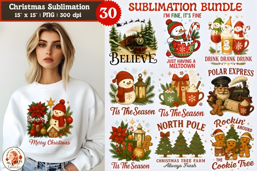 Christmas Elements PNG vintage sublimation bundle with snowmen, poinsettias, candles, gifts, holly, cocoa, lanterns