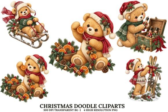 Christmas clipart featuring vintage teddy bears in festive holiday scenes with scarves, hats, and seasonal decorations