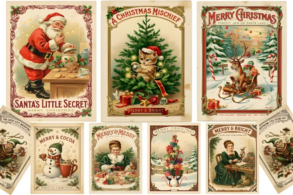 Vintage Christmas clip art featuring Santa, woodland animals, gifts, candy canes, and wreaths in trading card style