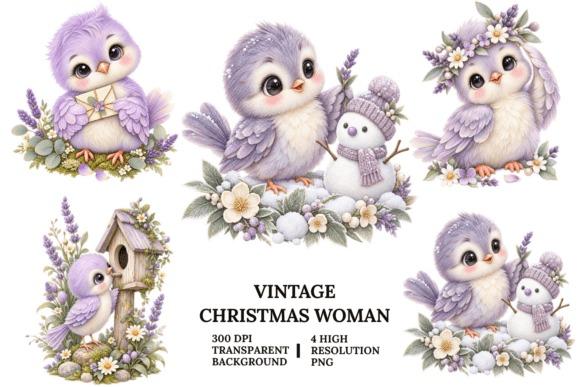 Vintage Christmas woman clipart featuring cute purple birds with flowers and snowman in 300 DPI PNG — Christmas clipart