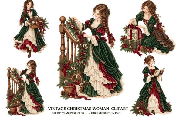 Vintage Christmas woman clipart set featuring a woman in green and red dress with holiday decorations — Christmas clipart