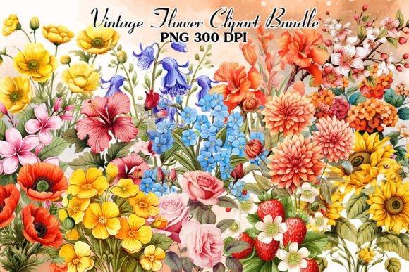 Vintage flower clipart bundle featuring various colorful flowers including yellow, pink, blue, orange, and red blooms in