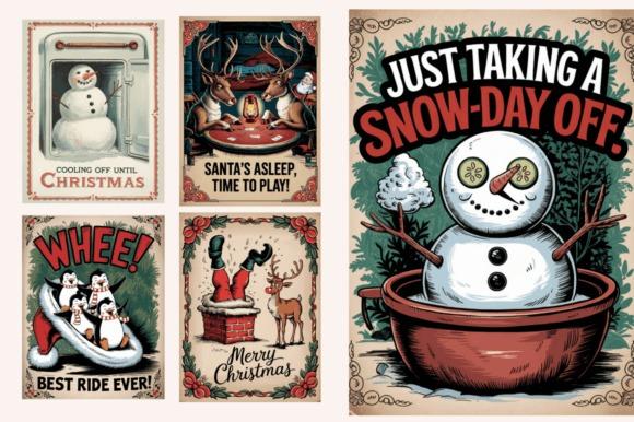Christmas clipart for holiday cards featuring vintage funny designs with snowman, reindeer, penguins, and Santa themes