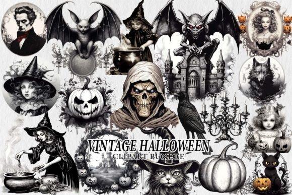 Vintage Halloween clipart bundle with skeleton, witch, bat, pumpkin, black cat, and gothic elements in black and white
