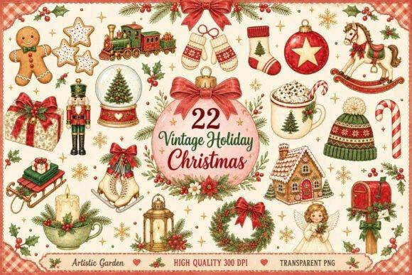 Vintage holiday Christmas clipart bundle with classic festive elements like gingerbread, ornaments, wreaths, and toys