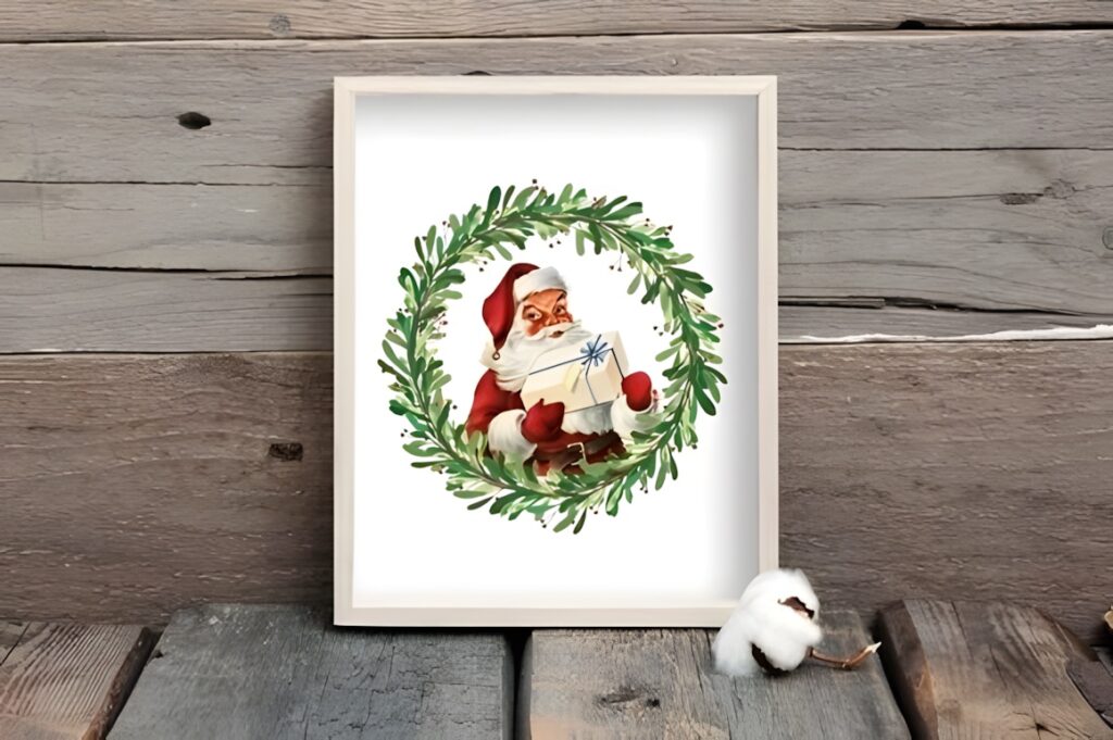 Santa Claus clipart holding a wrapped gift inside a green wreath on a white background