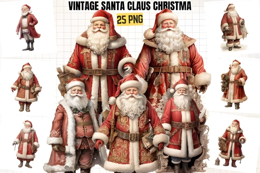 Vintage Santa Claus clipart collection featuring multiple retro Santa poses with detailed red and white outfits and