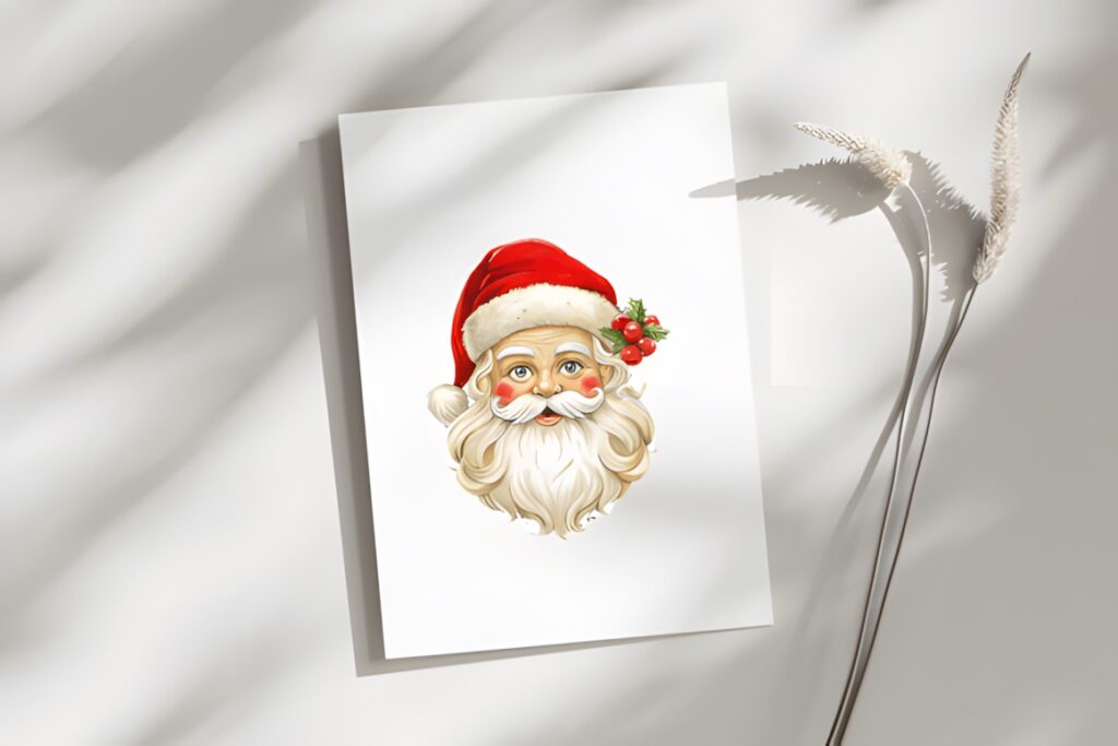 Santa Claus clipart featuring a classic Santa face with red hat and white beard on white card