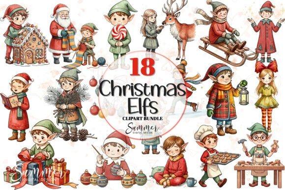 Christmas elf clipart designs featuring 18 cute elves in various holiday scenes and outfits