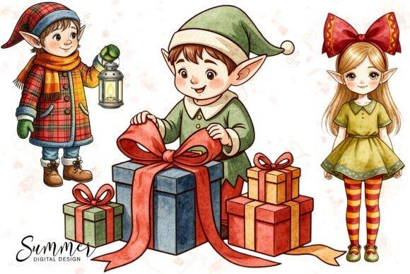 Christmas elf clipart designs showing three vintage-style elves with gifts and lantern in muted colors