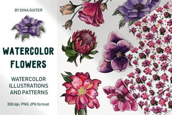 Watercolor flower clipart featuring hand-painted pink and purple floral illustrations and coordinating patterns
