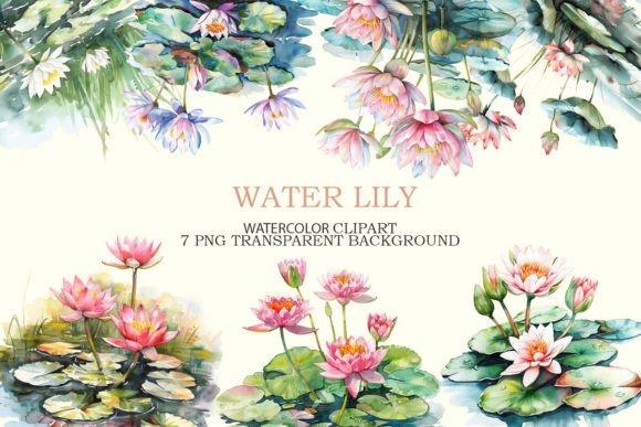 Water Lily watercolor clipart with pink flowers and green lily pads in transparent background PNG files — Flower Clipart